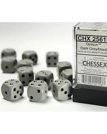 Chessex Dice: Opaque 16mm D6 (12) - Dark Grey/Black