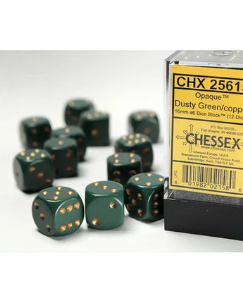 Chessex Dice: Opaque 16mm D6 (12) - Dusty Green/Copper