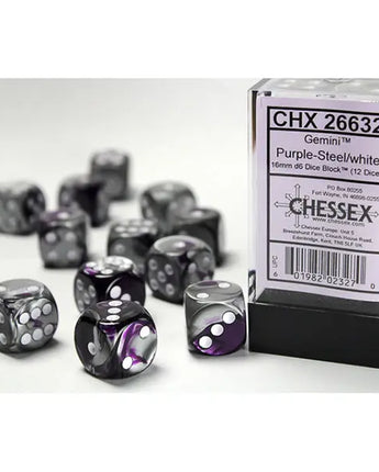 Chessex Dice: Gemini 16mm D6 (12) - Purple-Steel/White