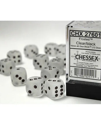 Chessex Dice: Special 16mm D6 (12) - Frosted: Clear/Black