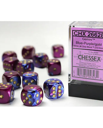 Chessex Dice: Gemini 16mm D6 (12) - Blue-Purple/Gold