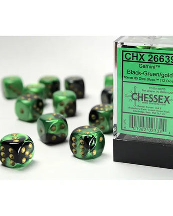 Chessex Dice: Gemini 16mm D6 (12) - Black-Green/Gold