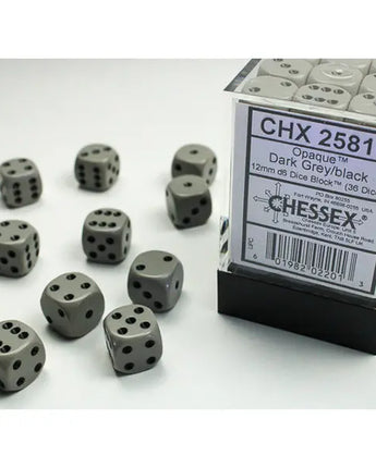 Chessex Dice: Opaque 12mm D6 (36) - Grey/Black