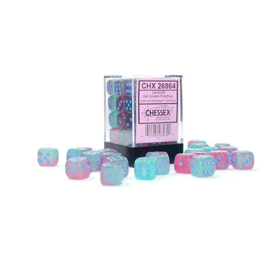 Chessex Dice: Gemini 12mm D6 (36) - Luminary: Gel Green-Pink/Blue