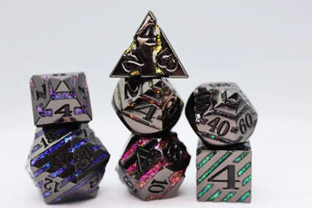 Foam Brain Dice Set: Black With Rainbow Mica RPG Metal Dice Set (7)