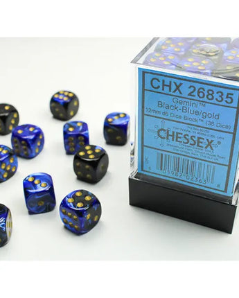 Chessex Dice: Gemini 12mm D6 (36) - Black-Blue/Gold