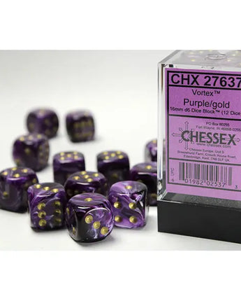 Chessex Dice: Vortex 16mm D6 (12) - Purple/Gold