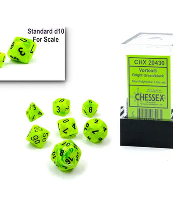 Chessex Dice: Mini 7-Die RPG Set - Vortex: Bright Green/Black
