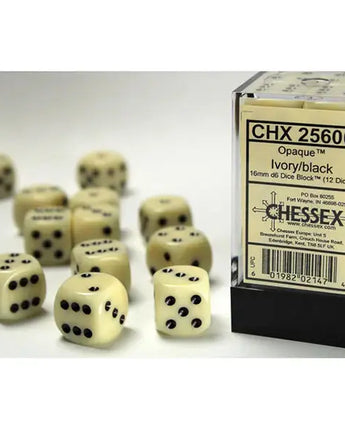 Chessex Dice: Opaque 16mm D6 (12) - Ivory/Black