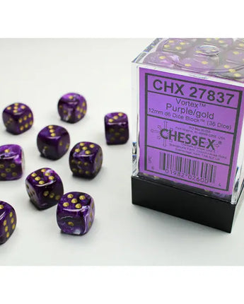 Chessex Dice: Vortex 12mm D6 (36) - Purple/Gold