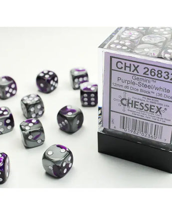Chessex Dice: Gemini 12mm D6 (36) - Purple-Steel/White