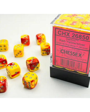 Chessex Dice: Gemini 12mm D6 (36) - Red-Yellow/Silver