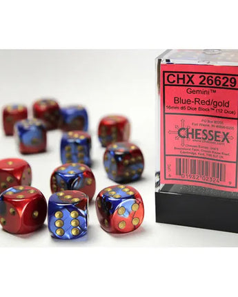 Chessex Dice: Gemini 16mm D6 (12) - Blue-Red/Gold