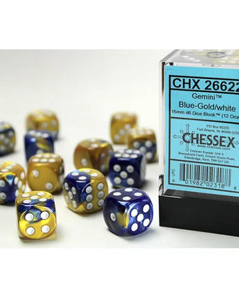 Chessex Dice: Gemini 16mm D6 (12) - Blue-Gold/White