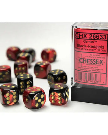 Chessex Dice: Gemini 16mm D6 (12) - Black-Red/Gold