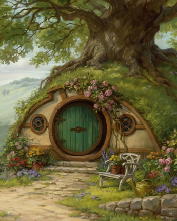 Hobbit hole with flowers and a bench in a fantasy landscape