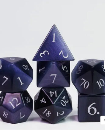 Cat's Eye Purple - Gemstone Engraved with Silver RPG Dice Set