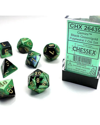 Chessex Dice: Gemini 7-Die RPG Set - Black-Green/Gold