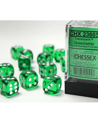 Chessex Dice: Translucent 16mm D6 (12) - Green/White