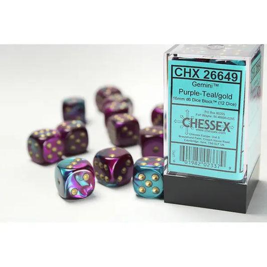 Chessex Dice: Gemini 16mm D6 (12) - Purple-Teal/Gold