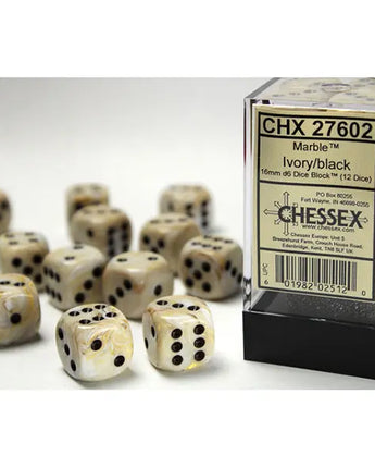 Chessex Dice: Special 16mm D6 (12) - Marble: Ivory/Black