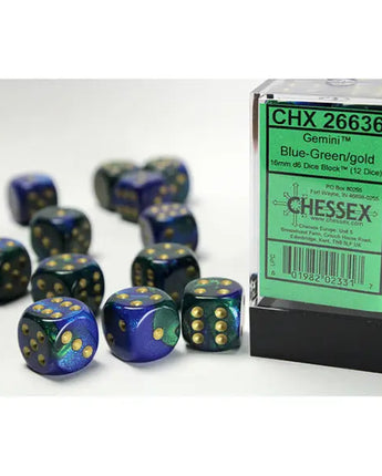 Chessex Dice: Gemini 16mm D6 (12) - Blue-Green/Gold