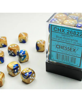 Chessex Dice: Gemini 12mm D6 (36) - Blue-Gold/White