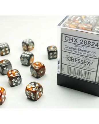Chessex Dice: Gemini 12mm D6 (36) - Copper-Steel/White