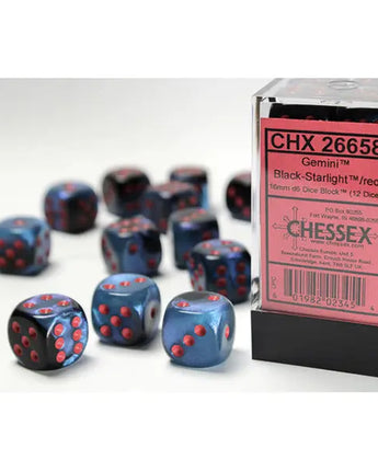 Chessex Dice: Gemini 16mm D6 (12) - Black-Starlight/Red