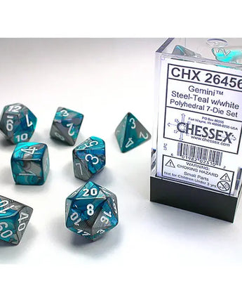 Chessex Dice: Gemini 7-Die RPG Set - Steel-Teal/White