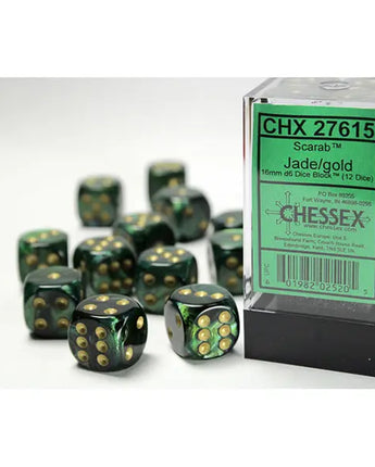 Chessex Dice: Special 16mm D6 (12) - Scarab: Jade/Gold