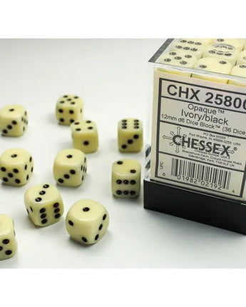 Chessex Dice: Opaque 12mm D6 (36) - Ivory/Black