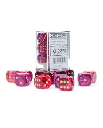 Chessex Dice: Translucent 16mm D6 (12) - Red-Violet/Gold