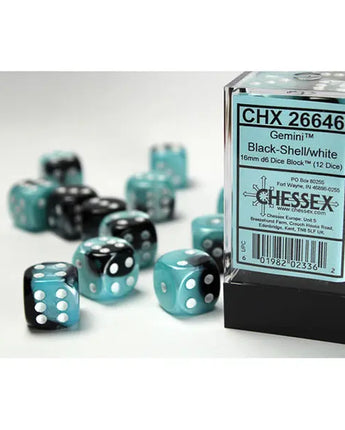 Chessex Dice: Gemini 16mm D6 (12) - Black-Shell/White