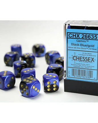 Chessex Dice: Gemini 16mm D6 (12) - Black-Blue/Gold