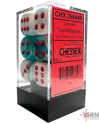 Chessex Dice: Gemini 16mm D6 (12) - Teal-White/Red