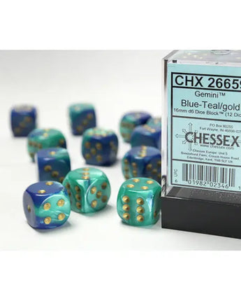 Chessex Dice: Gemini 16mm D6 (12) - Blue-Teal/Gold