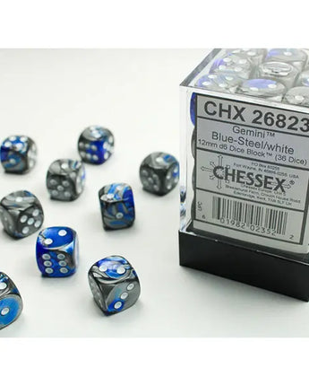 Chessex Dice: Gemini 12mm D6 (36) - Blue-Steel/White