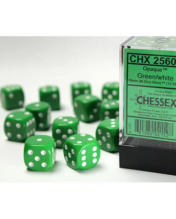 Chessex Dice: Opaque 16mm D6 (12) - Green/White