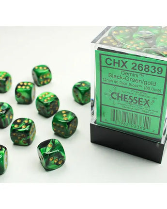 Chessex Dice: Gemini 12mm D6 (36) - Gemini: Black-Green/Gold