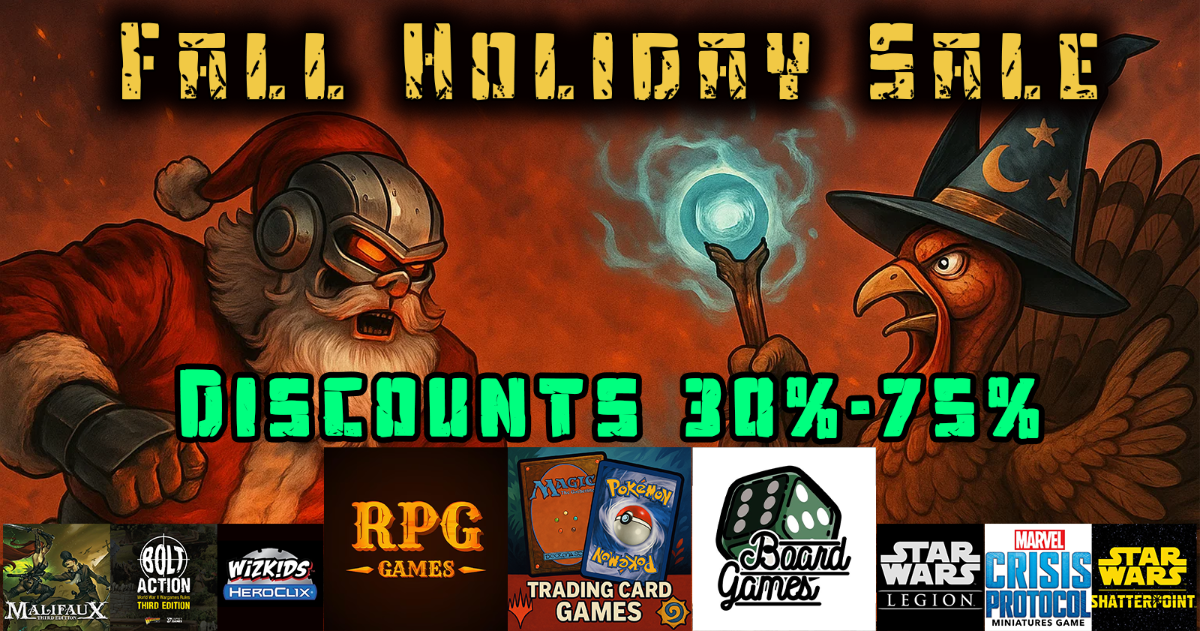 Promotional graphic for a fall holiday sale with discounts on RPG and trading card games, featuring characters and game logos.