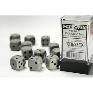 Chessex Dice: Opaque 16mm D6 (12) - Dark Grey/Black 