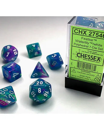 Chessex Dice: Festive 7-Die RPG Set - Waterlily/White 
