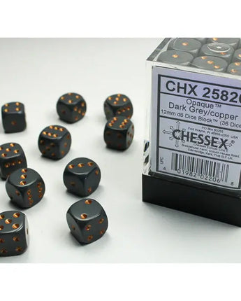 Chessex Dice: Opaque 12mm D6 (36) - Dark Grey/Copper 