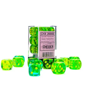Chessex Dice: Translucent 16mm D6 (12) - Green-Teal/Yellow 
