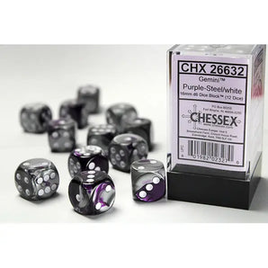 Chessex Dice: Gemini 16mm D6 (12) - Purple-Steel/White 