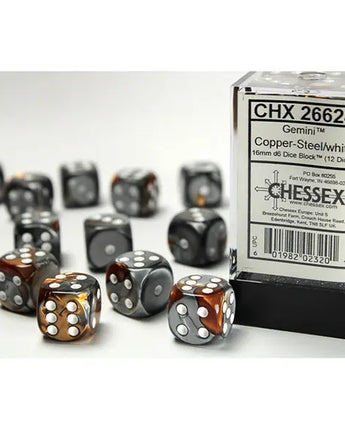 Chessex Dice: Gemini 16mm D6 (12) - Copper-Steel/White 