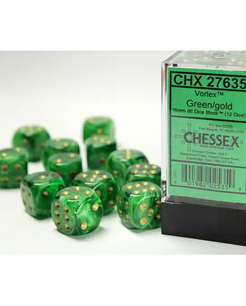 Chessex Dice: Vortex 16mm D6 (12) - Green/Gold 