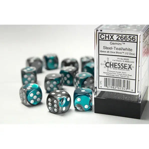 Chessex Dice: Gemini 16mm D6 (12) - Steel-Teal/White 