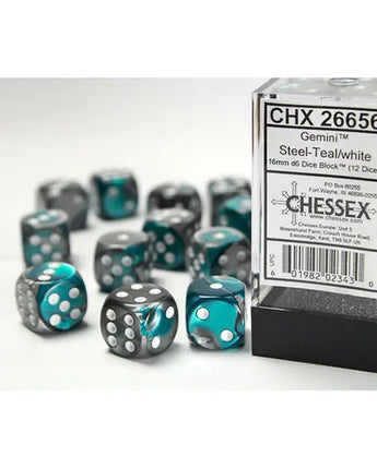 Chessex Dice: Gemini 16mm D6 (12) - Steel-Teal/White 